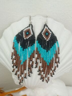 Turquoise, Brown, Black, & Cream Beaded Fringe Tribal Vibe Dangle Earrings